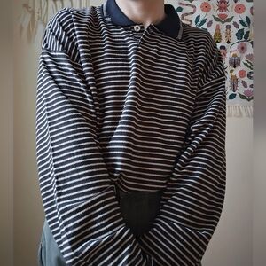 90s Style Striped Long Sleeve Polo - Grunge Skater Dad Shirt - Brand New